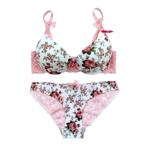 Silky Lace Floral Push up Bra and Brief Set - Picture 1 of 8